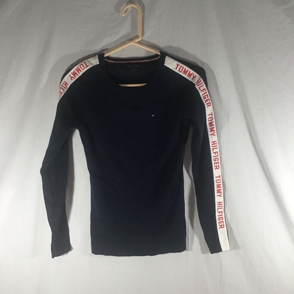 Tommy Hilfiger Logo Tape Long Sleeve Tee - Navy Blue - Women's Size Small S